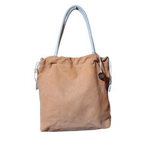 Furla Women's Tan Suede White Leather Trim Drawstring  Shoulder Purse Bag